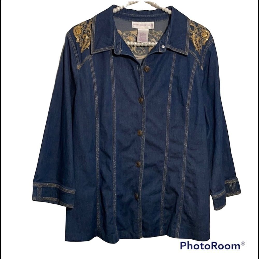 Susan Graver Denim Shirt Gold Embroidery Brass Buttons Women’s Large Western
